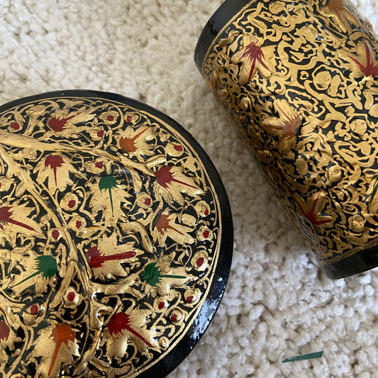 Golden Black Chinar Patti Handmade Paper Mache Box & Pen Stand Set