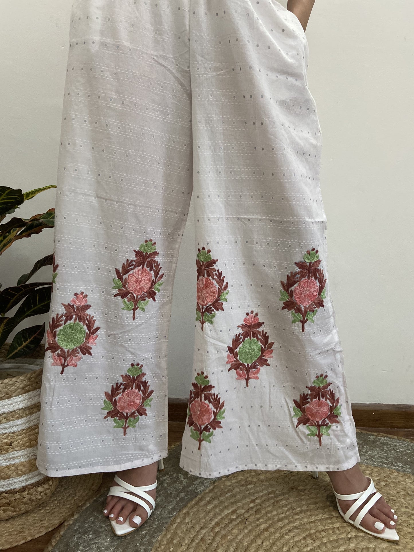 Women Off White Aari Embroidered Palazzos