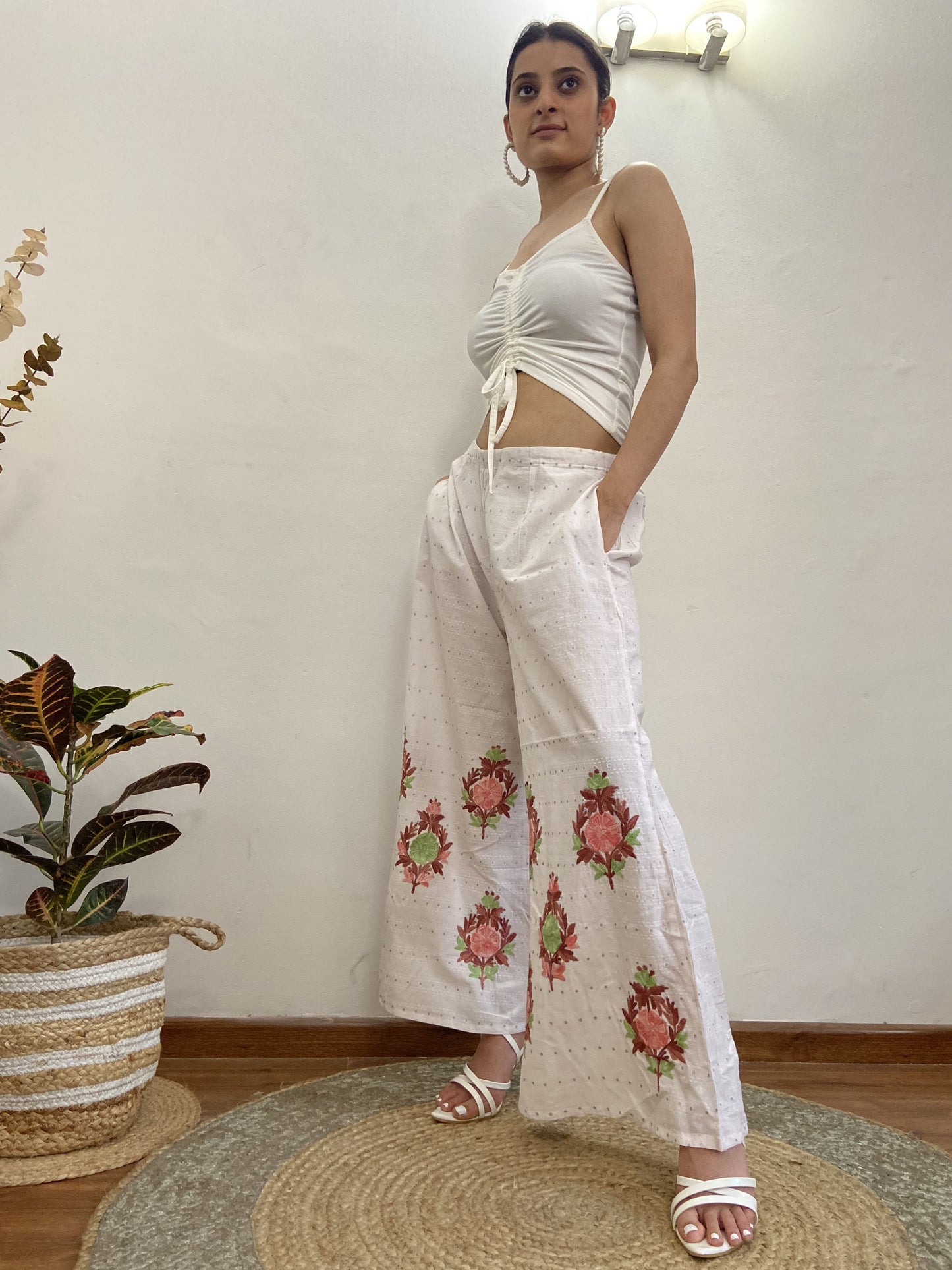 Women Off White Aari Embroidered Palazzos