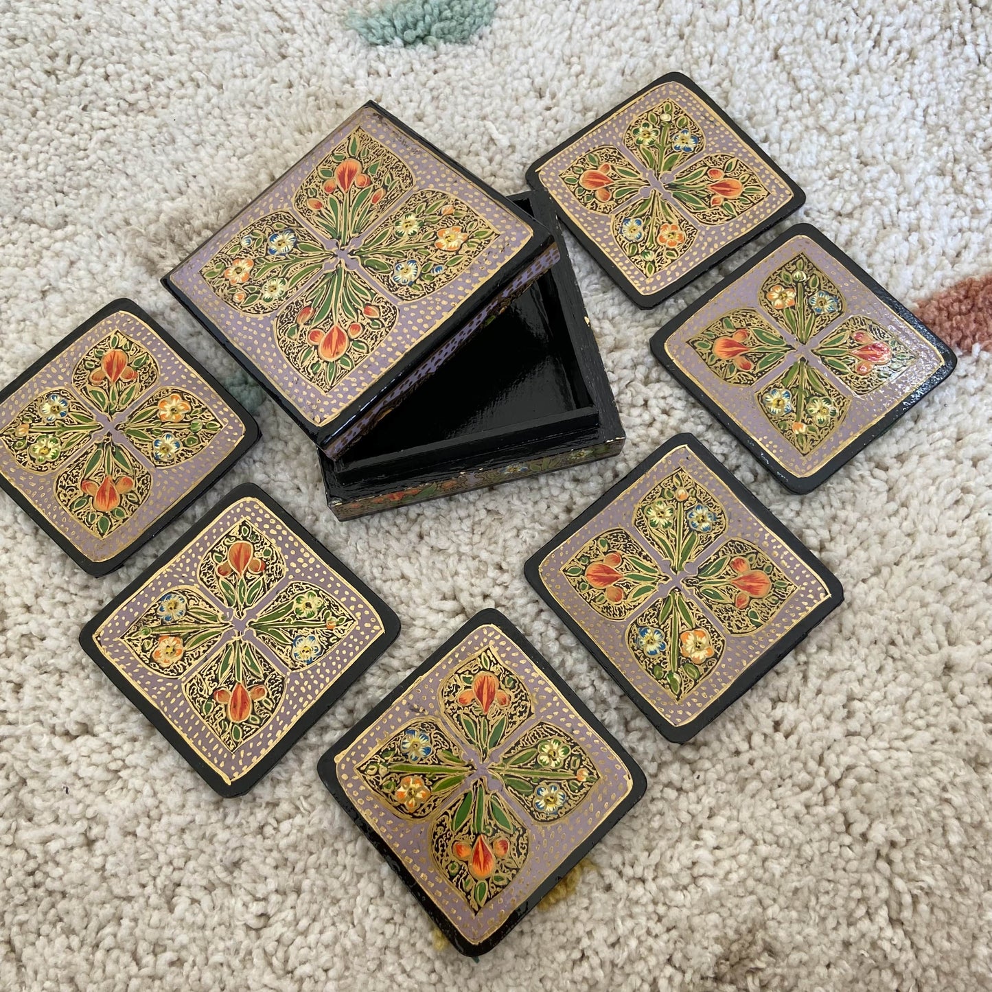 Purple Golden Chinar 4 Leaf Handmade Paper Mache Coasters