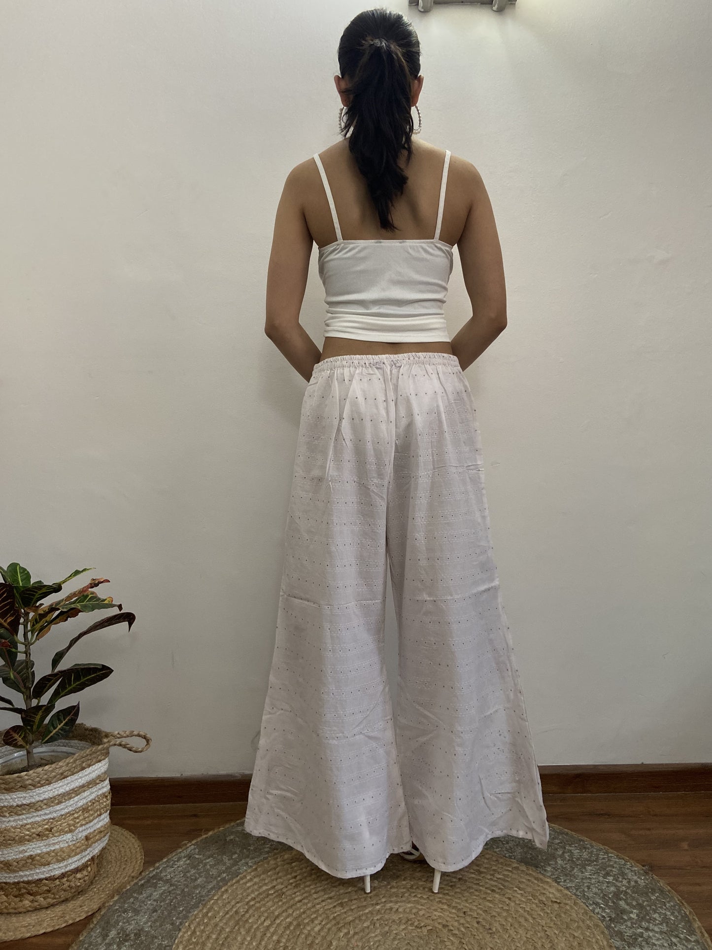 Women Off White Aari Embroidered Palazzos