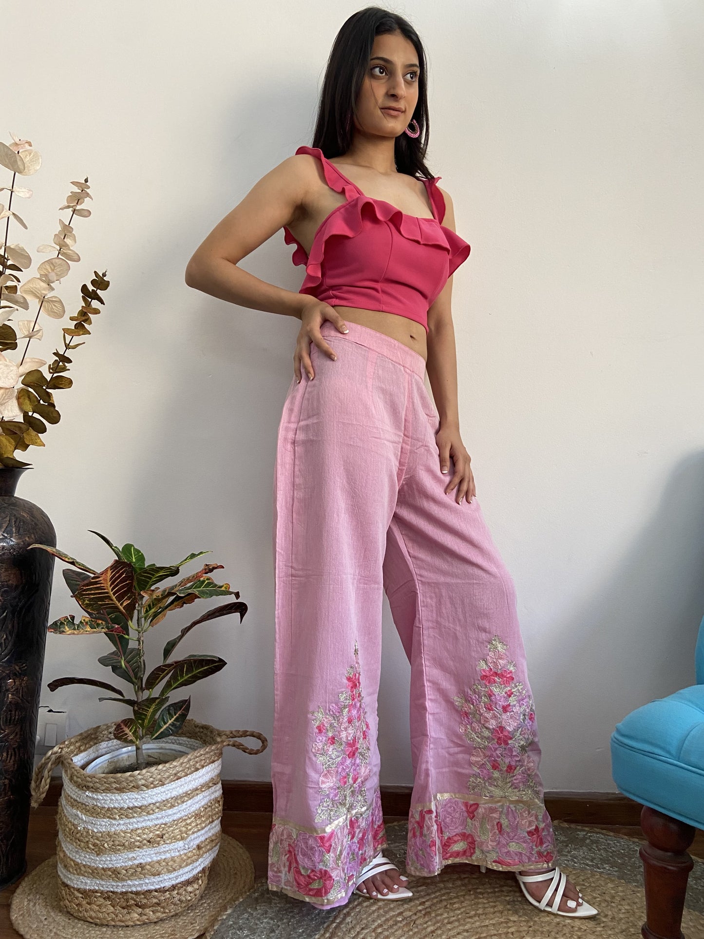Women Pink Flared Aari Embroidered Palazzos ‘S’
