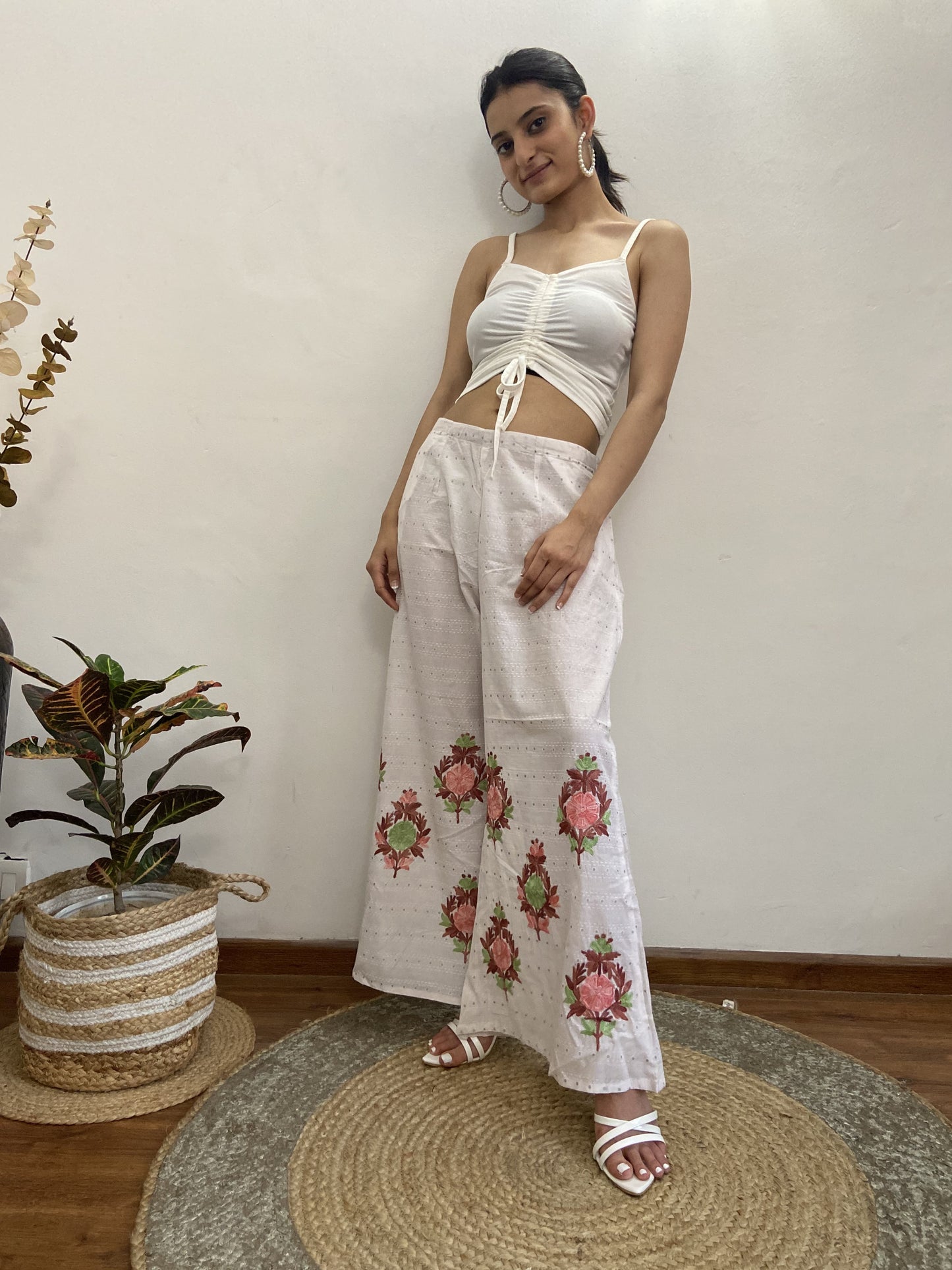 Women Off White Aari Embroidered Palazzos