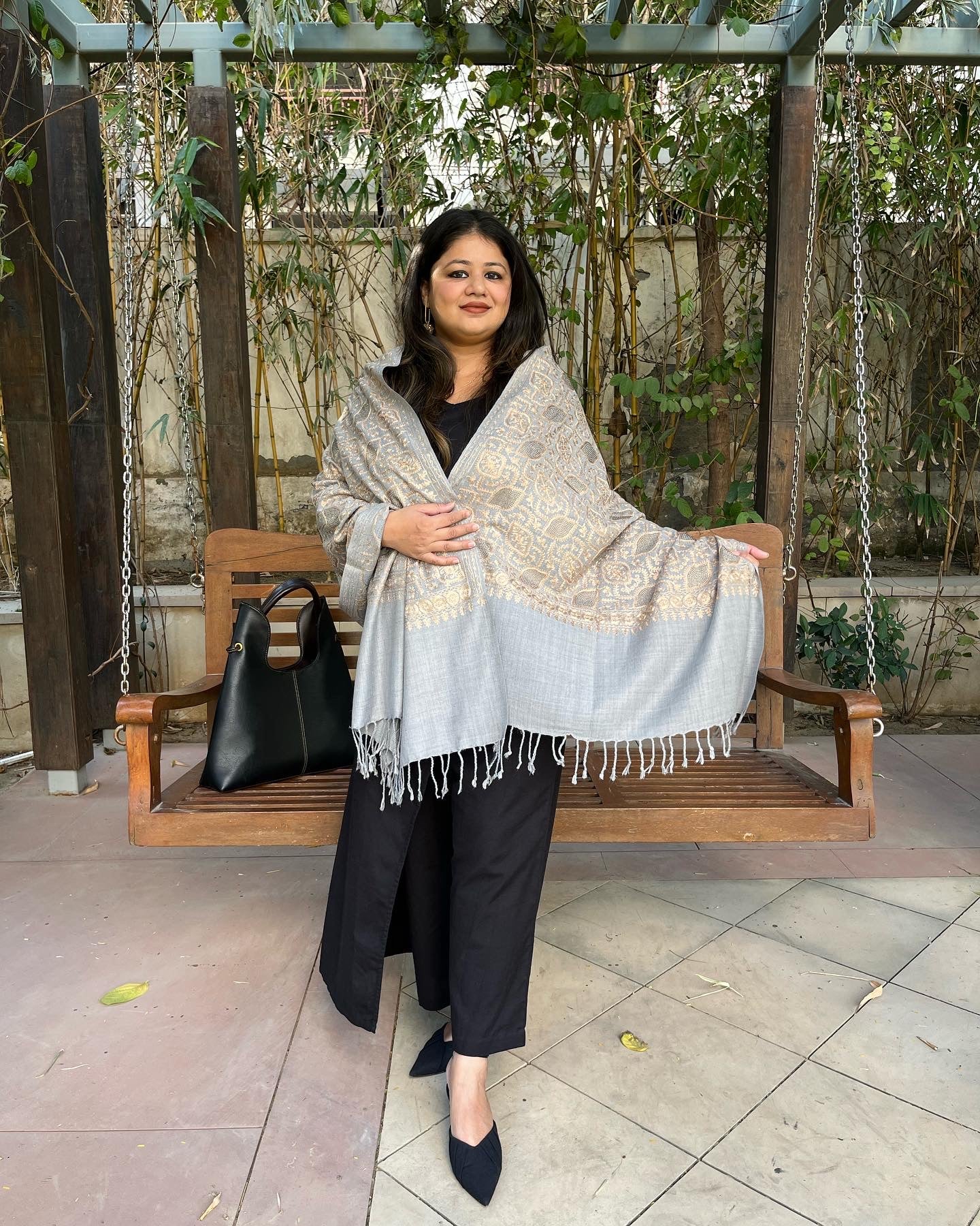 Light Grey Semi Pashmina Silk thread and Swarovski work stole