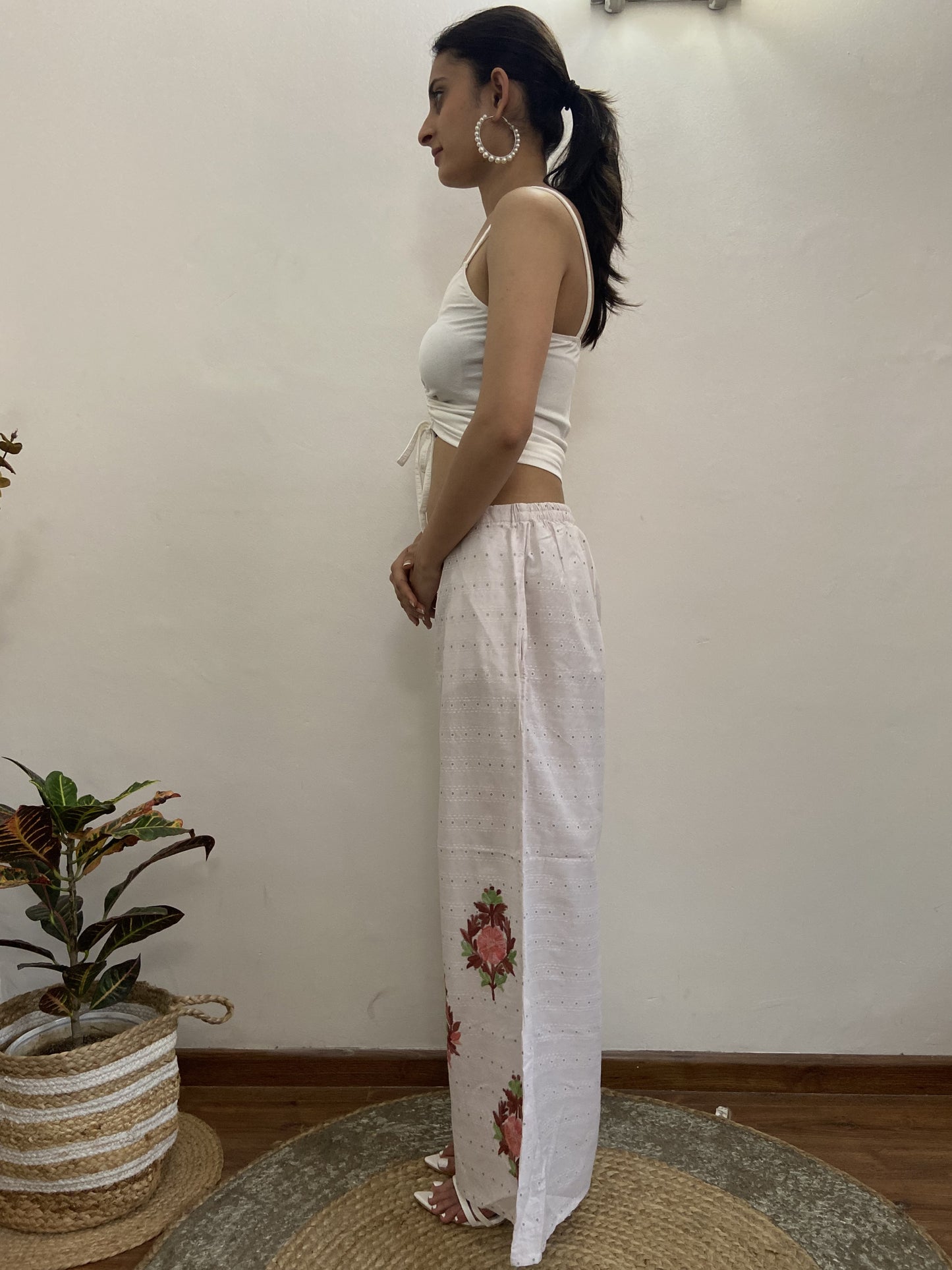 Women Off White Aari Embroidered Palazzos