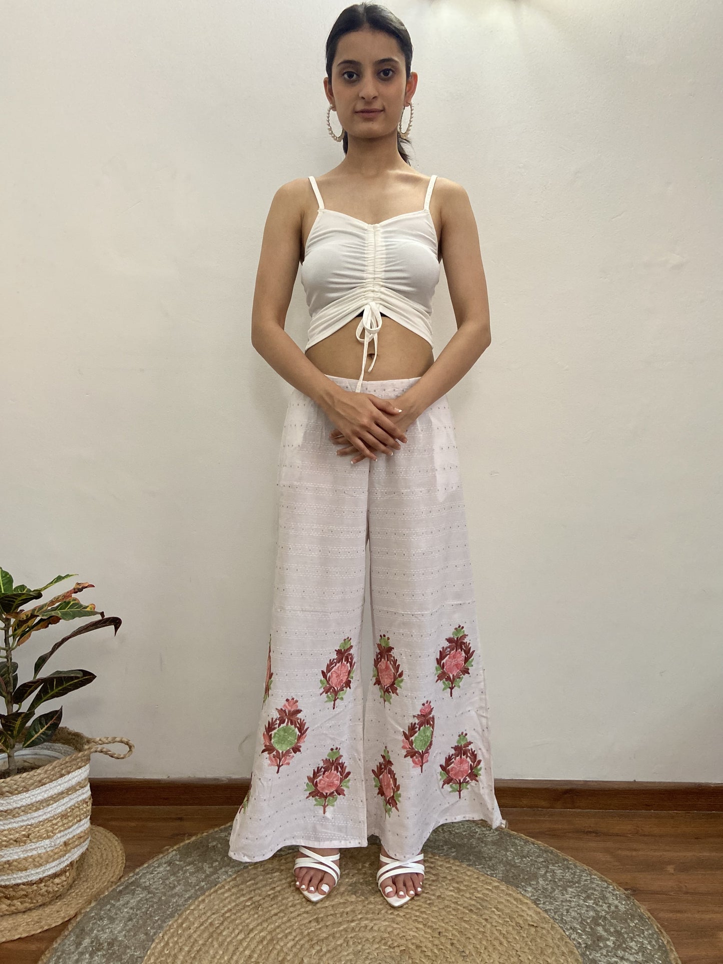 Women Off White Aari Embroidered Palazzos