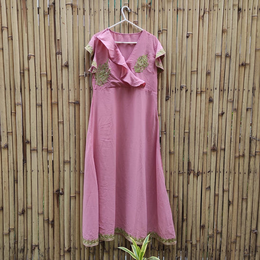 Women Pink Long Aari Embroidered Dress