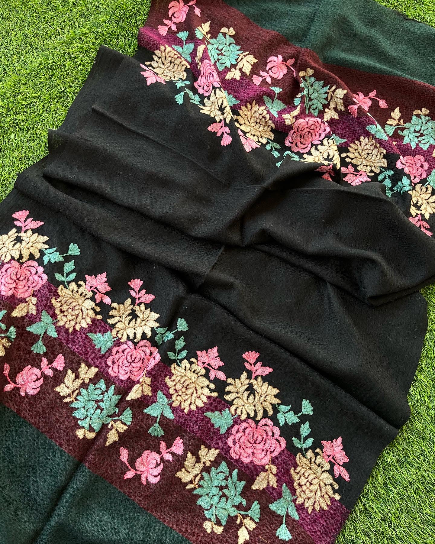 Black Fine Wool Kashmiri Embroidered stoles