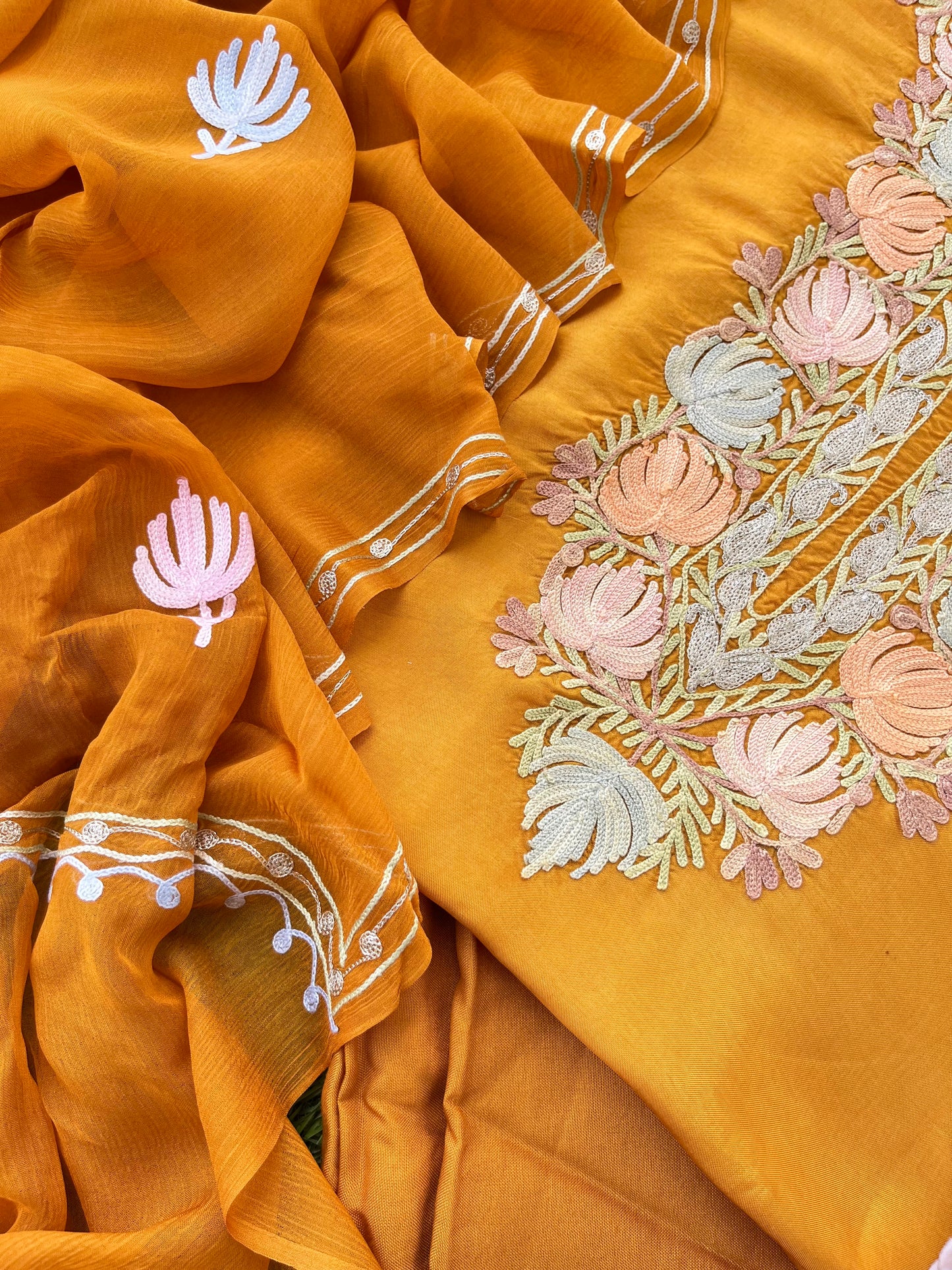 Mustard Opada Silk Aari Embroidered Suit material