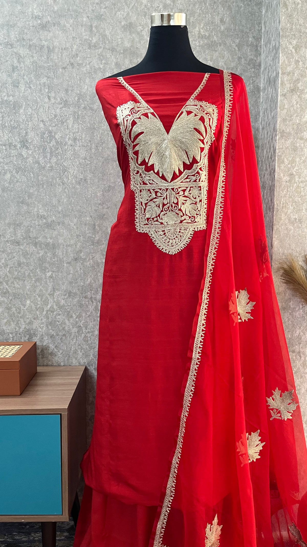 Red Silk Tilla Embroidered Suit