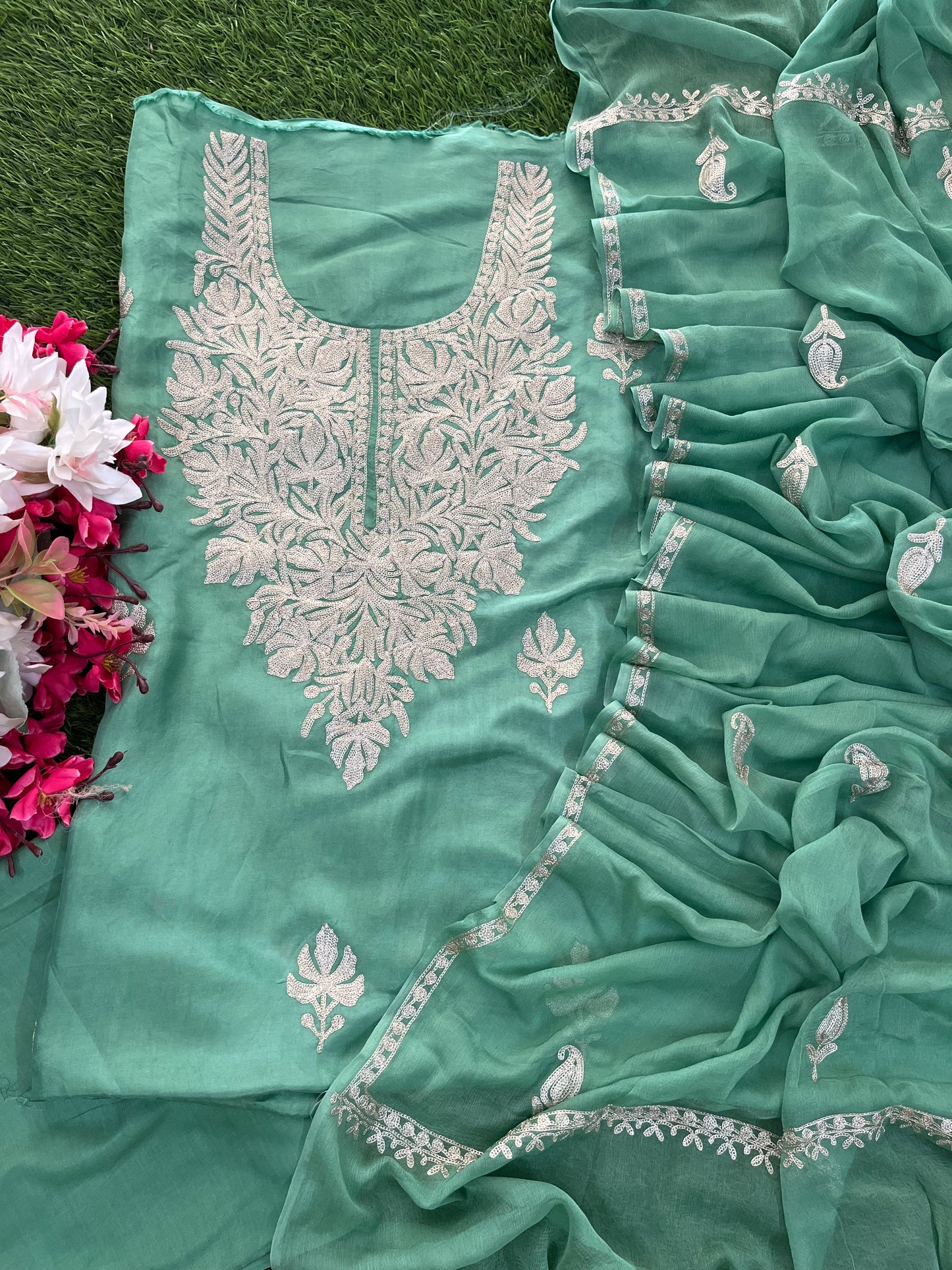 Pastel Green Sanam’ Silk Tilla Kashmiri Suit