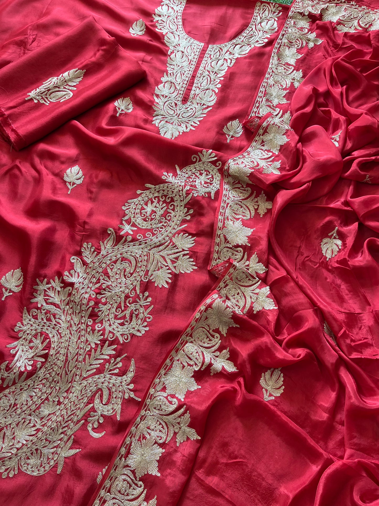 Red Silk Tilla Embroidered Suit material