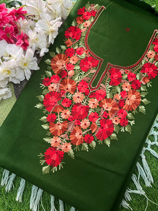 Henna Green Woollen Aari Embroidered 2pc suit 5mtr