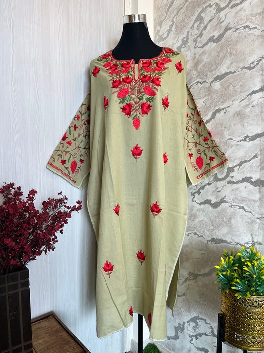 ‘Bageecha’ Pista Green Cotton Semi Stitched Cream Aari Work Kurti