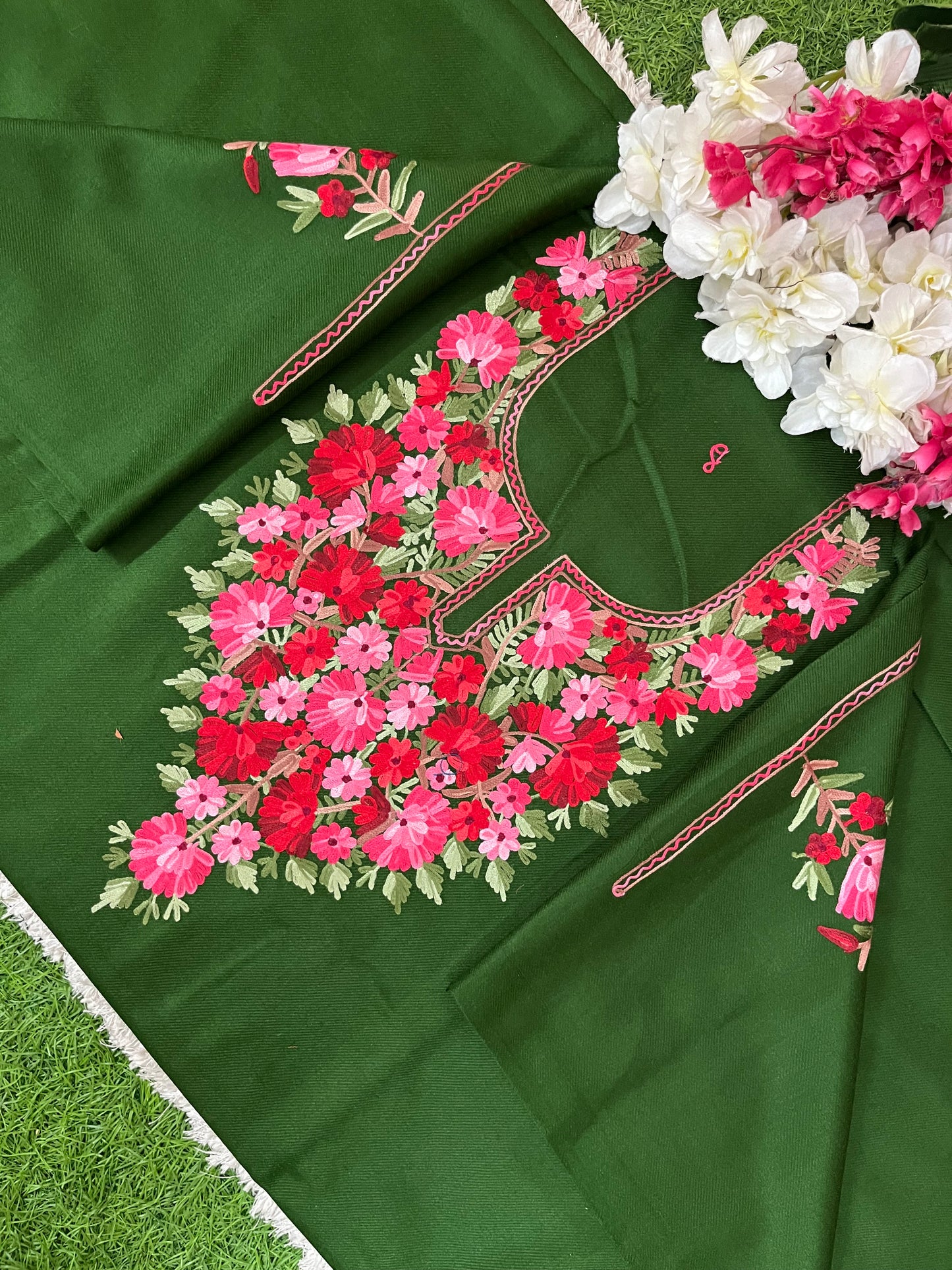 Henna Green Woollen Aari Embroidered 2pc suit 5mtr