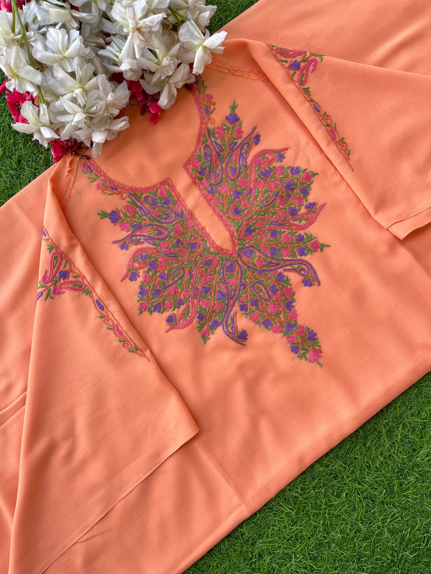 Peach Green Cotton Two Piece Suit(Hand Embroidered)