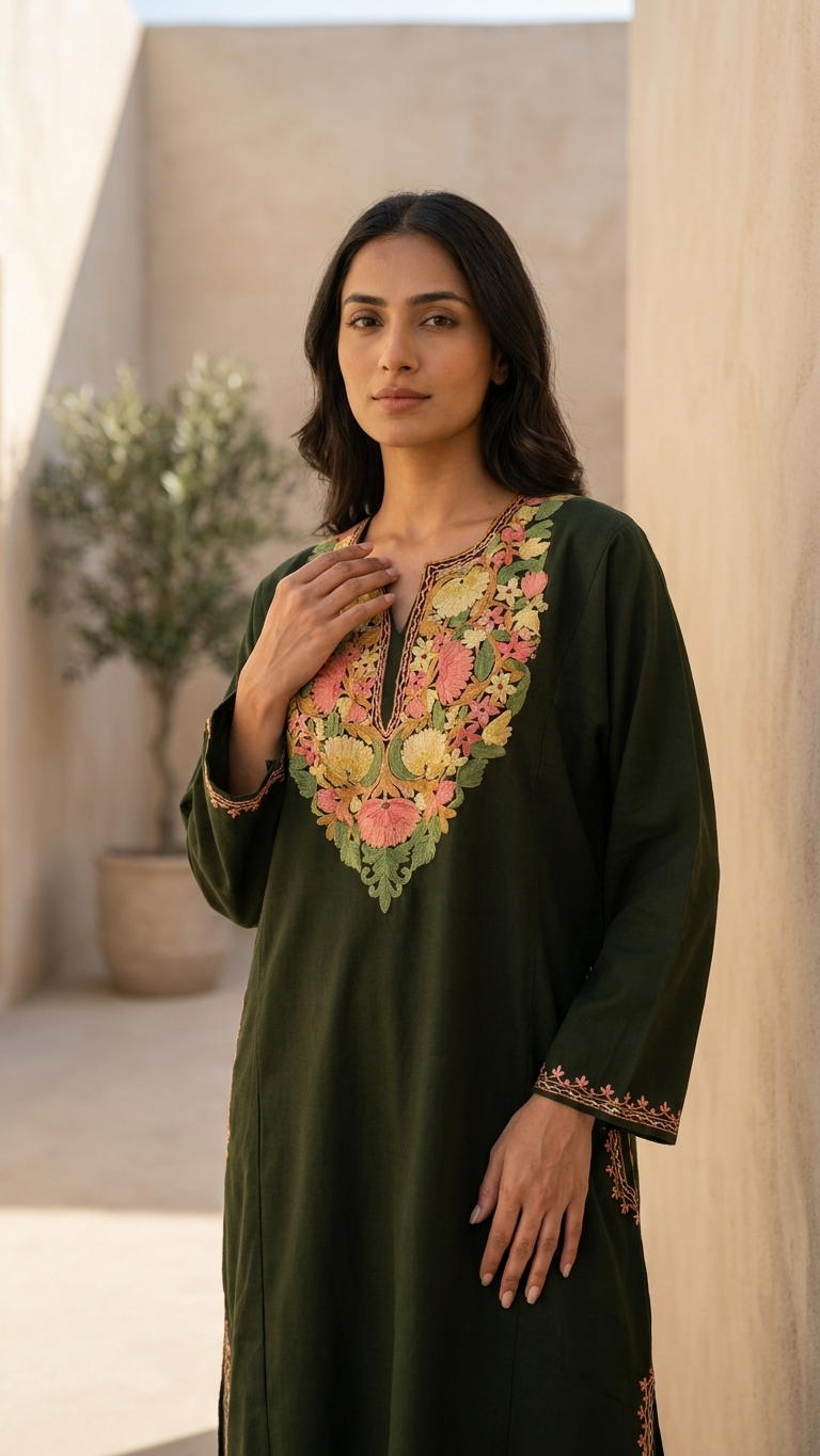 Army Green Aari Embroidered Wool Pheran