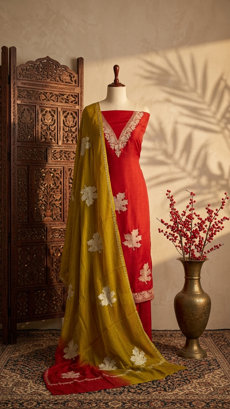 Red Sanam Silk Kashmiri Suit
