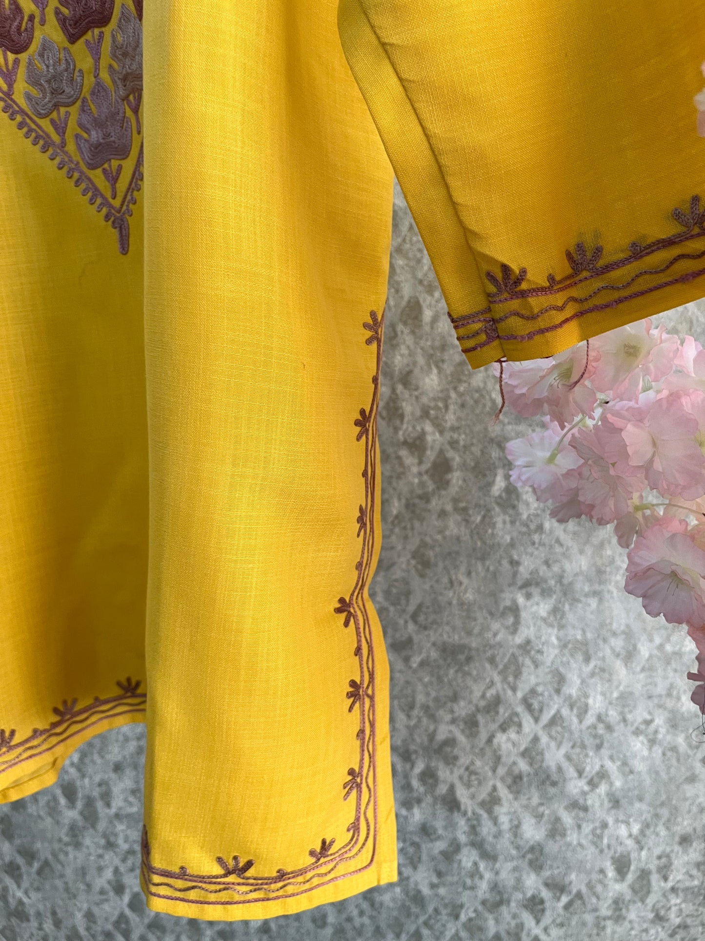 Yellow Cotton Aari Work Kurta