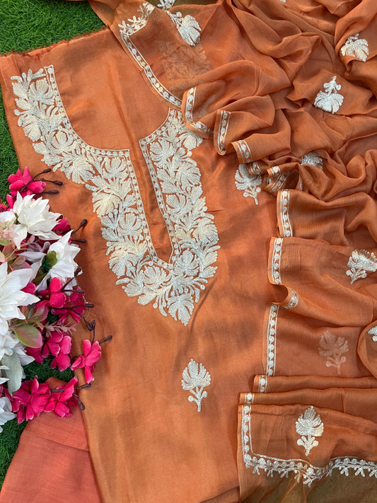Dull Orange Silk Tilla Kashmiri Suit