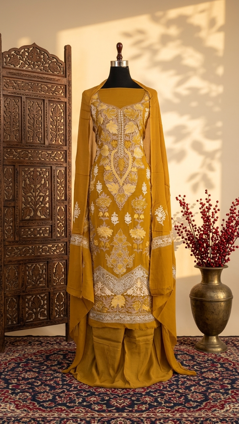 Mustard Pure Georgette 3 Pc Heavy Kashmiri Suit