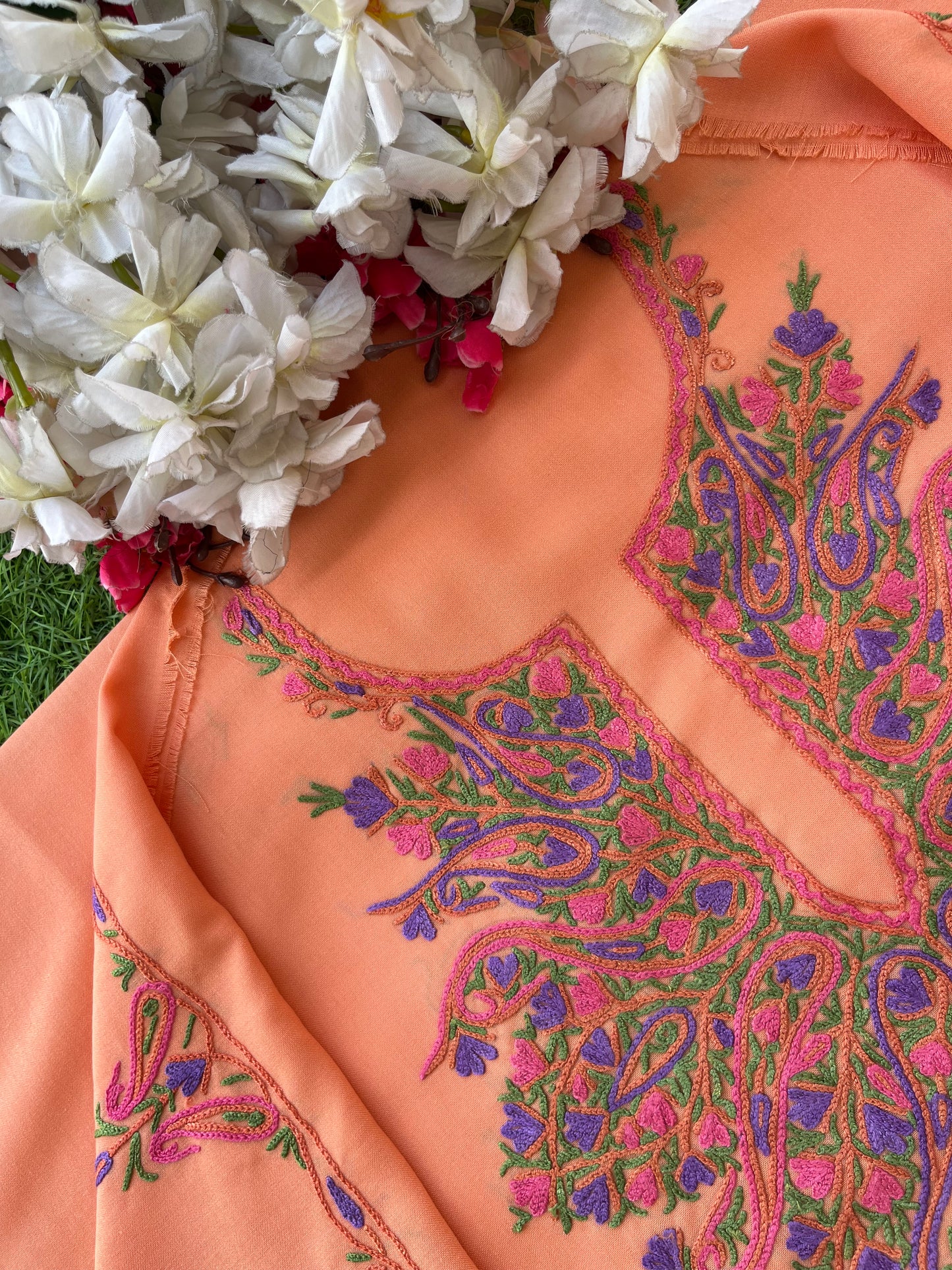 Peach Green Cotton Two Piece Suit(Hand Embroidered)