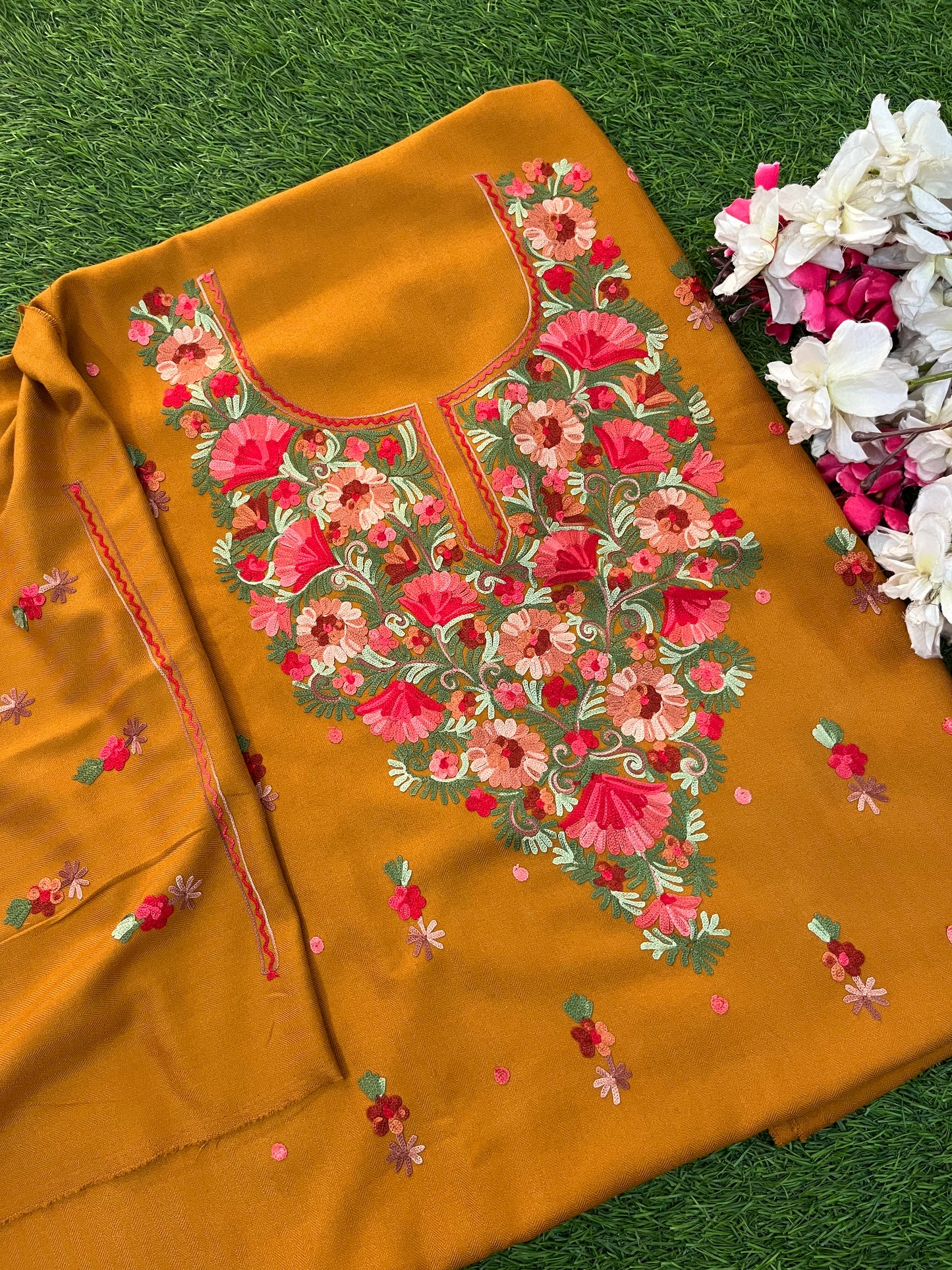 Golden Brown Woollen Aari Embroidered 3pc suit