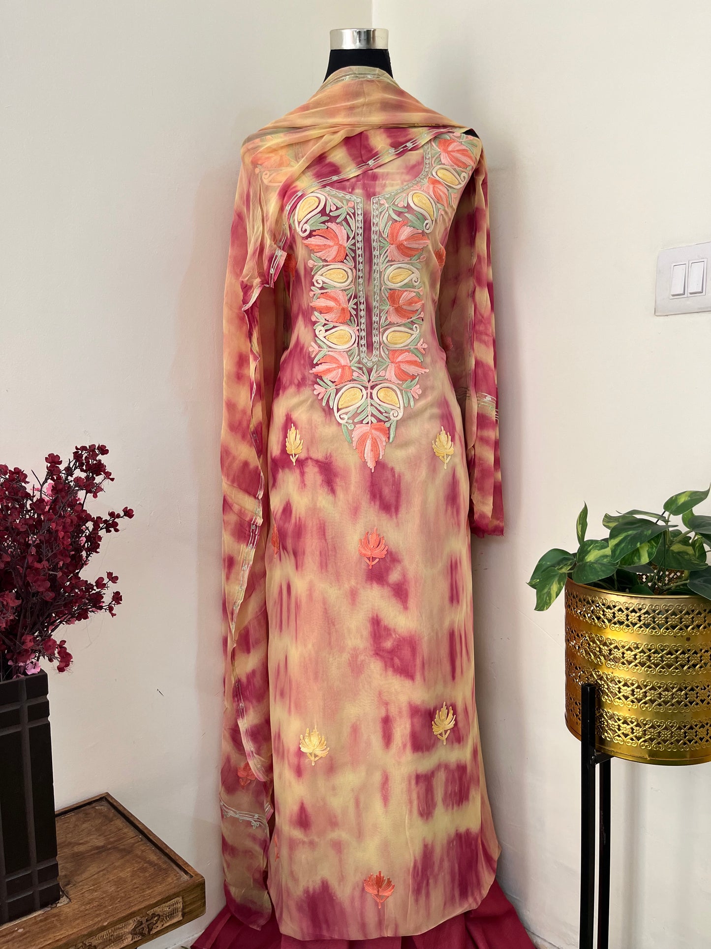 Yellow Pink Pure Georgette Ty Dy Kashmiri Suit