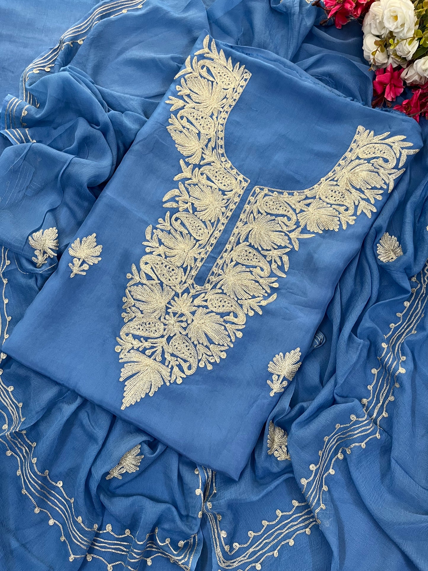 Blue Silk Tilla Kashmiri Suit