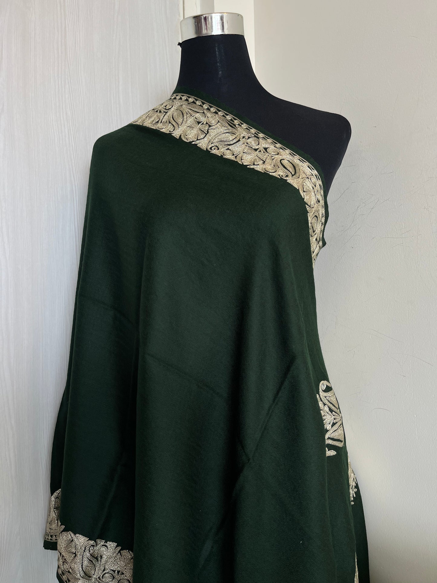 Bottle Green Fine Semi Pashmina Tilla Embroidered stole