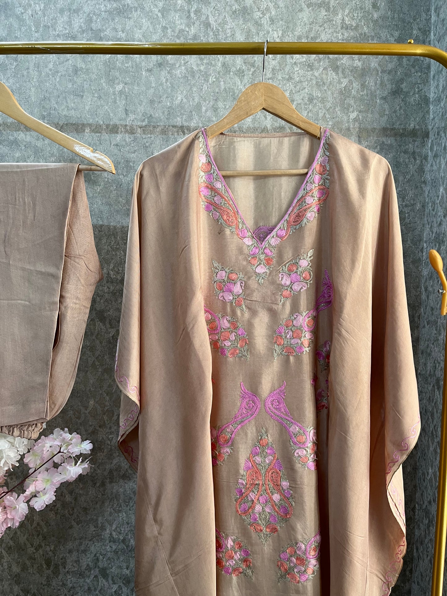 Beige Opada Silk Kashmiri Kaftan Set