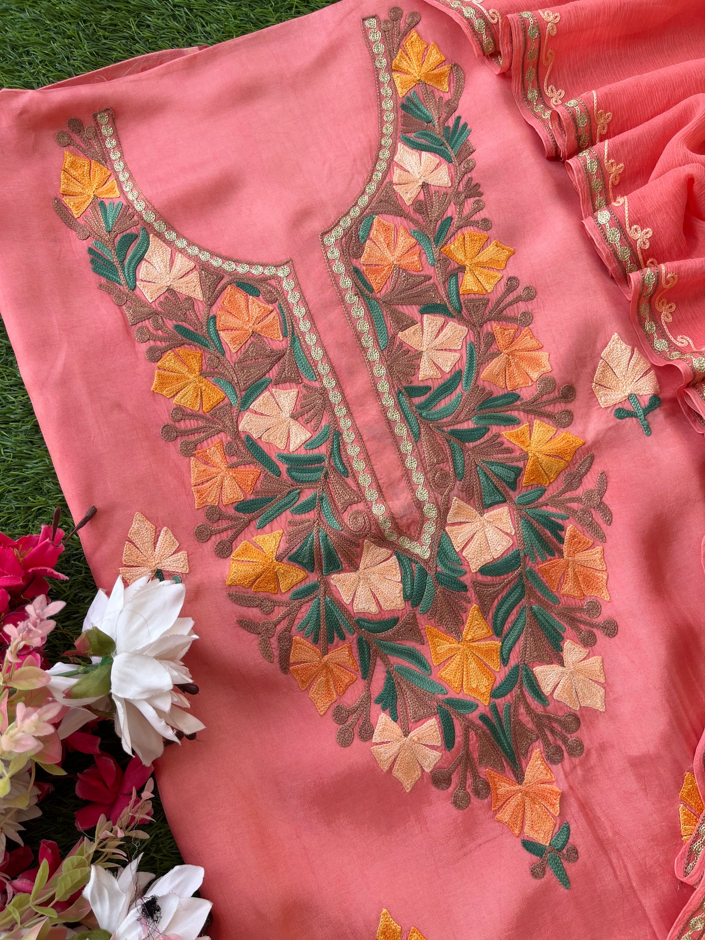 Peach Opada Silk Kashmiri Suit