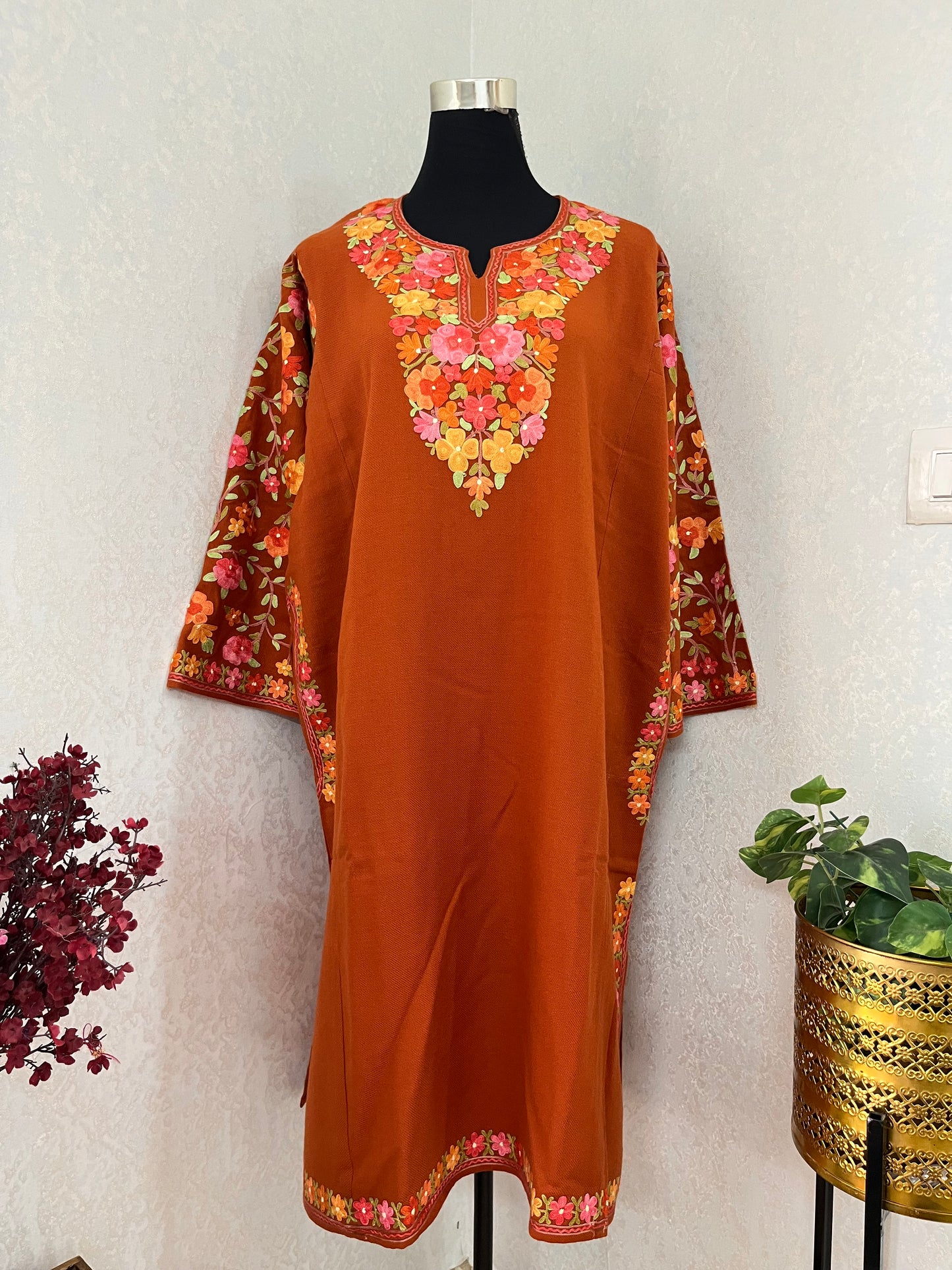 Orange Aari Embroidered Wool Pheran