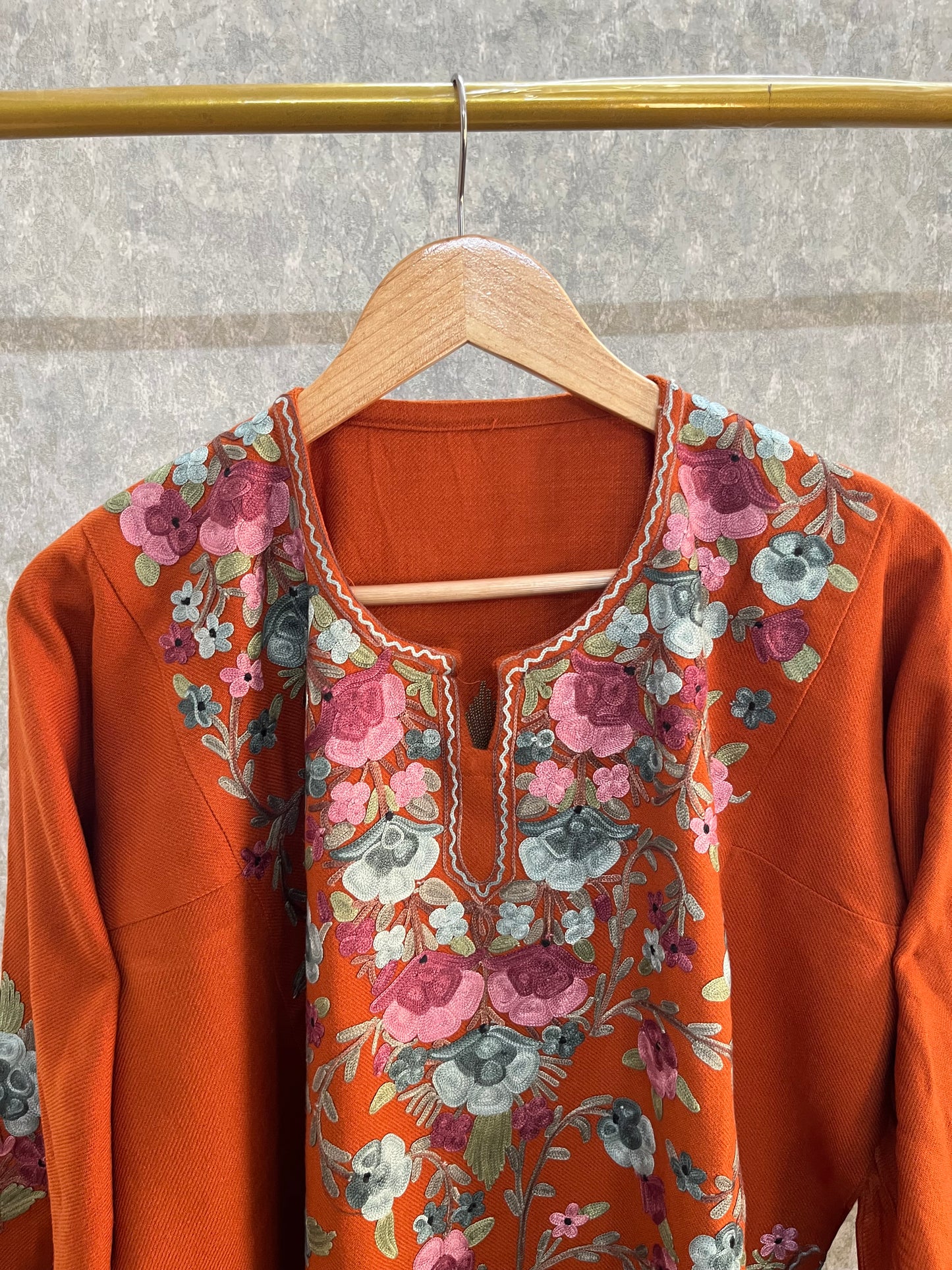 Orange Aari Embroidered Wool Pheran