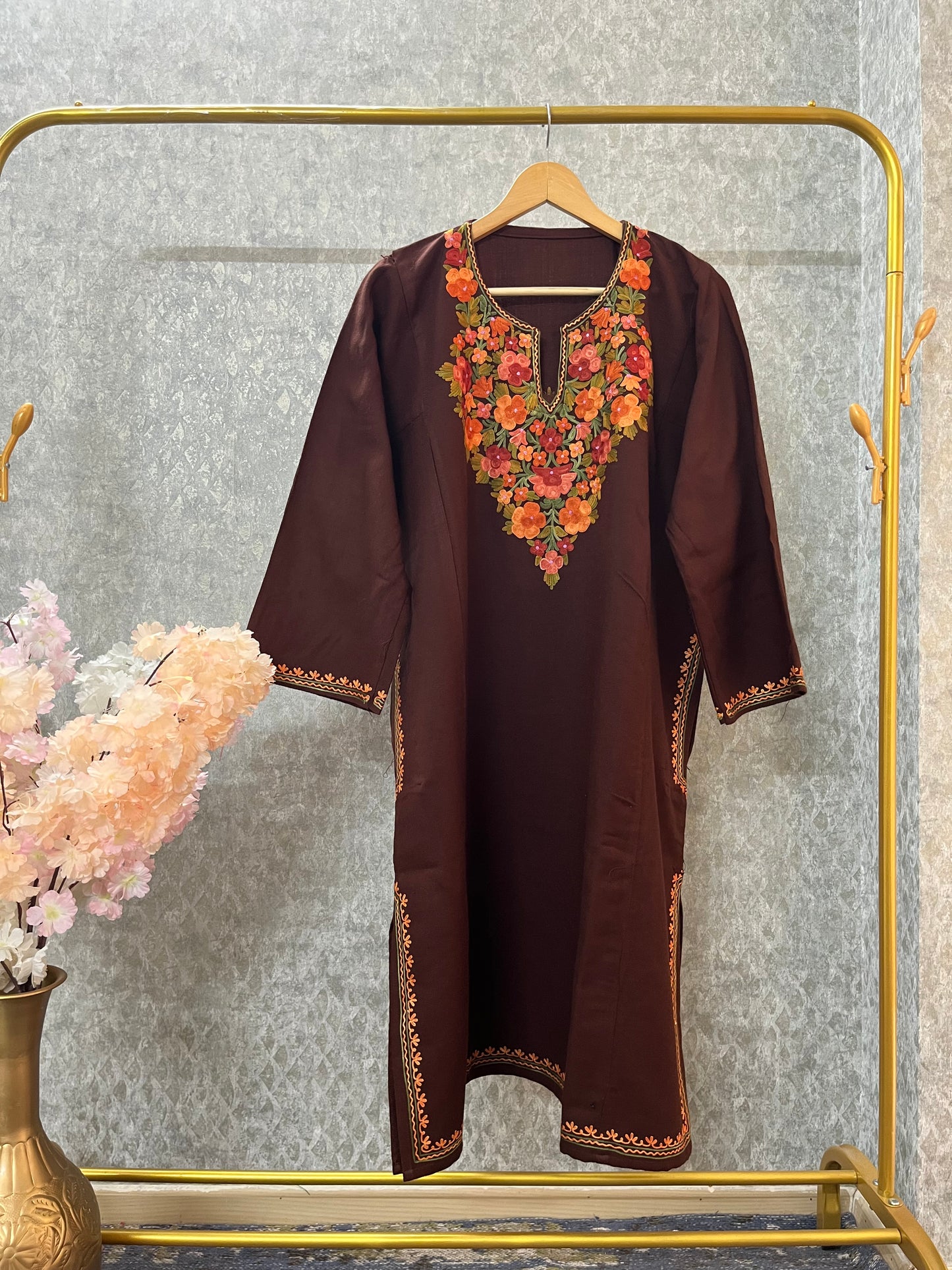 Brown Aari Embroidered Wool Pheran