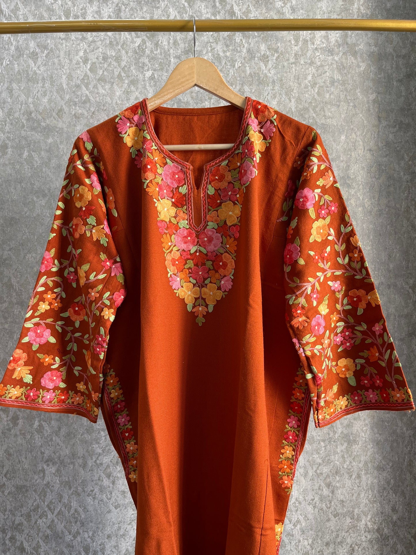 Orange Aari Embroidered Wool Pheran