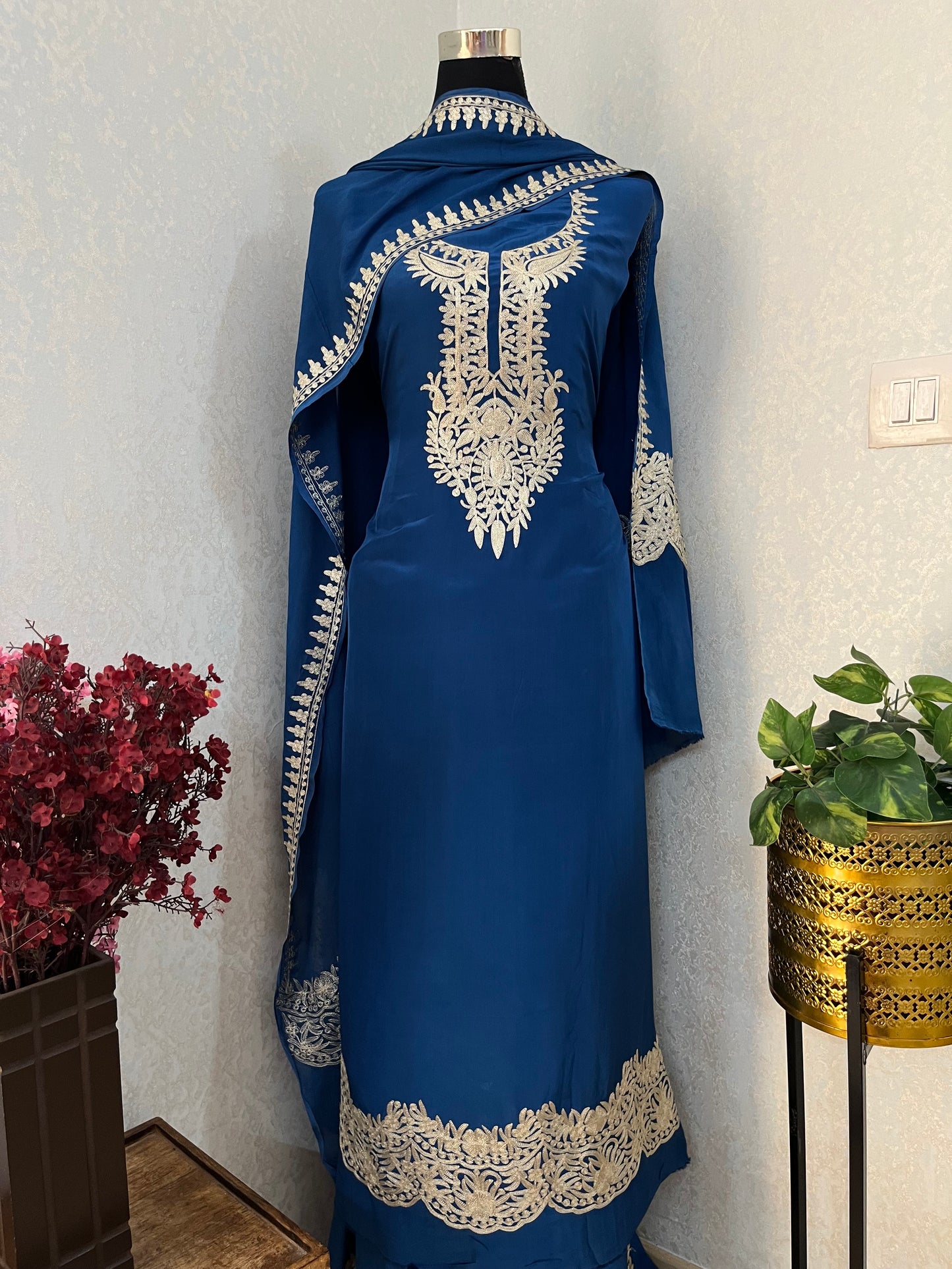 Electric Blue Crape Kashmiri Suit