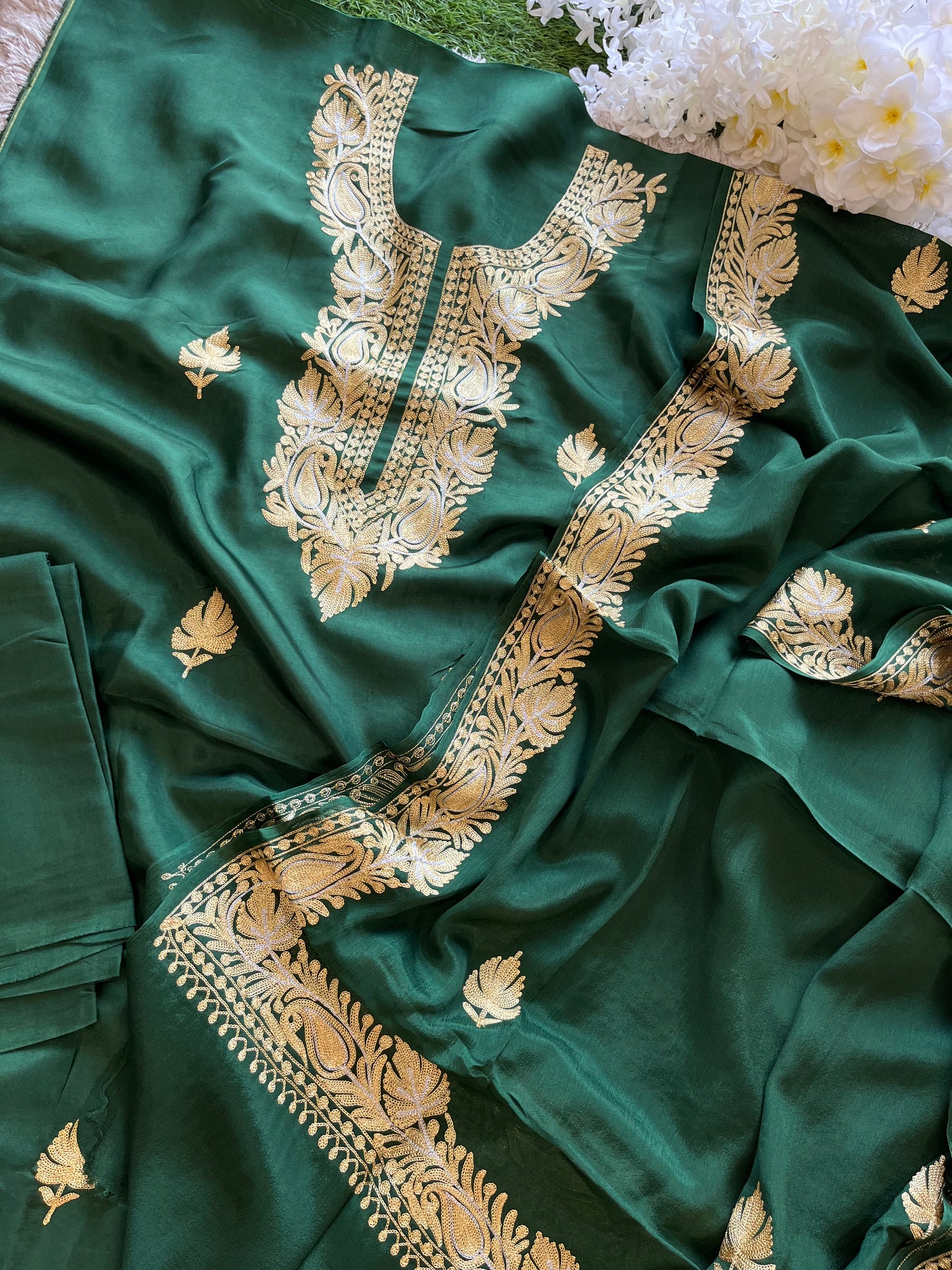 ‘Kalaa’ Forest Green Opada Silk Tilla Embroidered Suit material (on order)