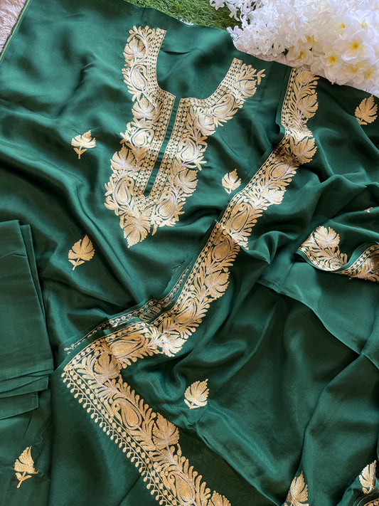 ‘Kalaa’ Forest Green Opada Silk Tilla Embroidered Suit materia