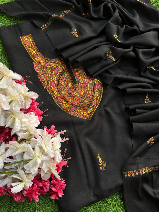 Black Fine Wool Sozni Embroidered 3pc Suit Stole