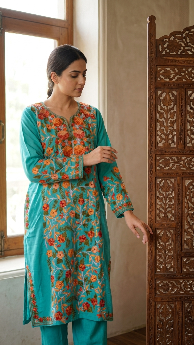 Sea Green Cotton Front Jaal Pheran Set  Size (46)