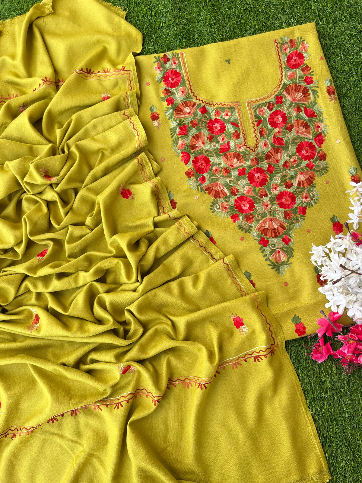 Lemon Green Woollen Aari Embroidered 3pc suit