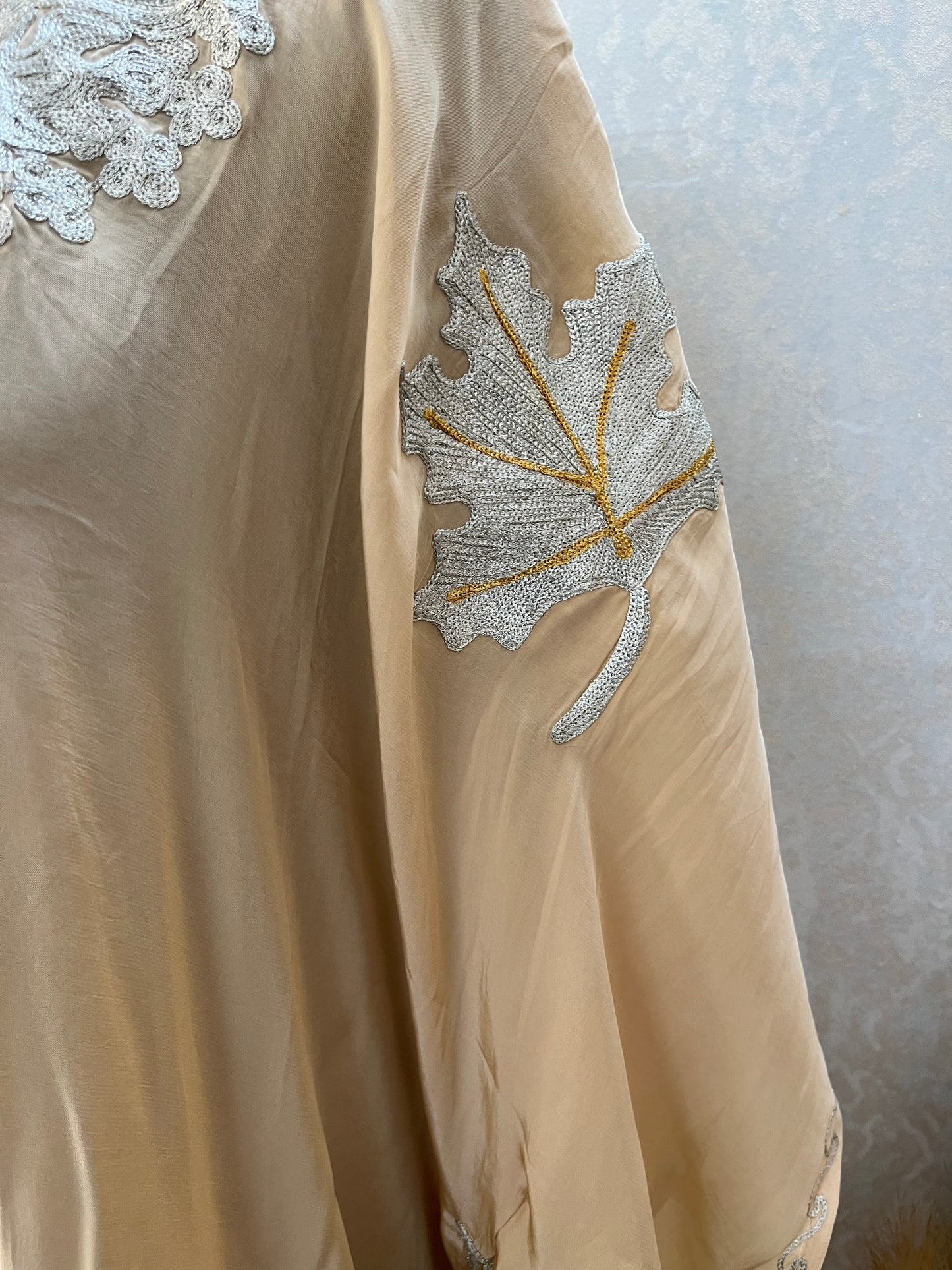 Beige Crape Kashmiri Kaftan Set
