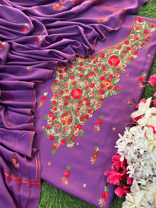 Lavender Woollen Aari Embroidered 3pc suit