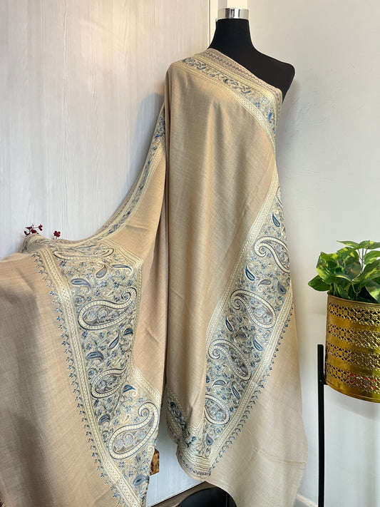 Beige Silk Thread Embroidered Fine Semi Pashmina Shawl