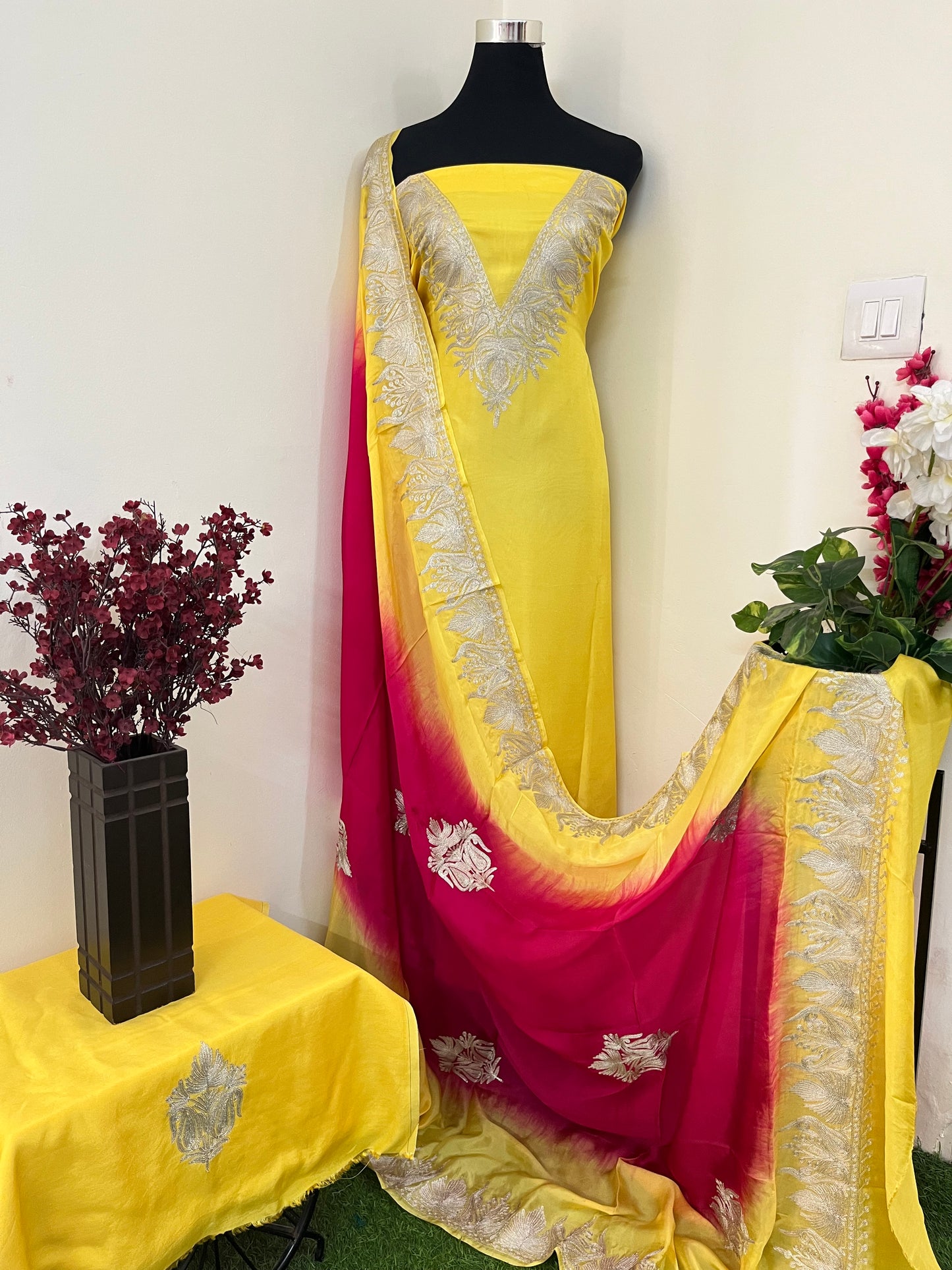 Sanam Musk Yellow Silk Kashmiri Suit