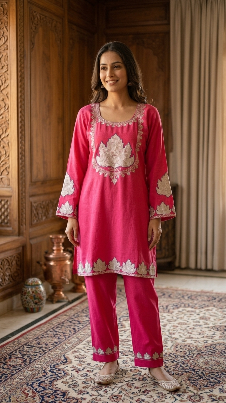 Carrot Pink Woollen Kashmiri Co-Ord Set ( Size 44)