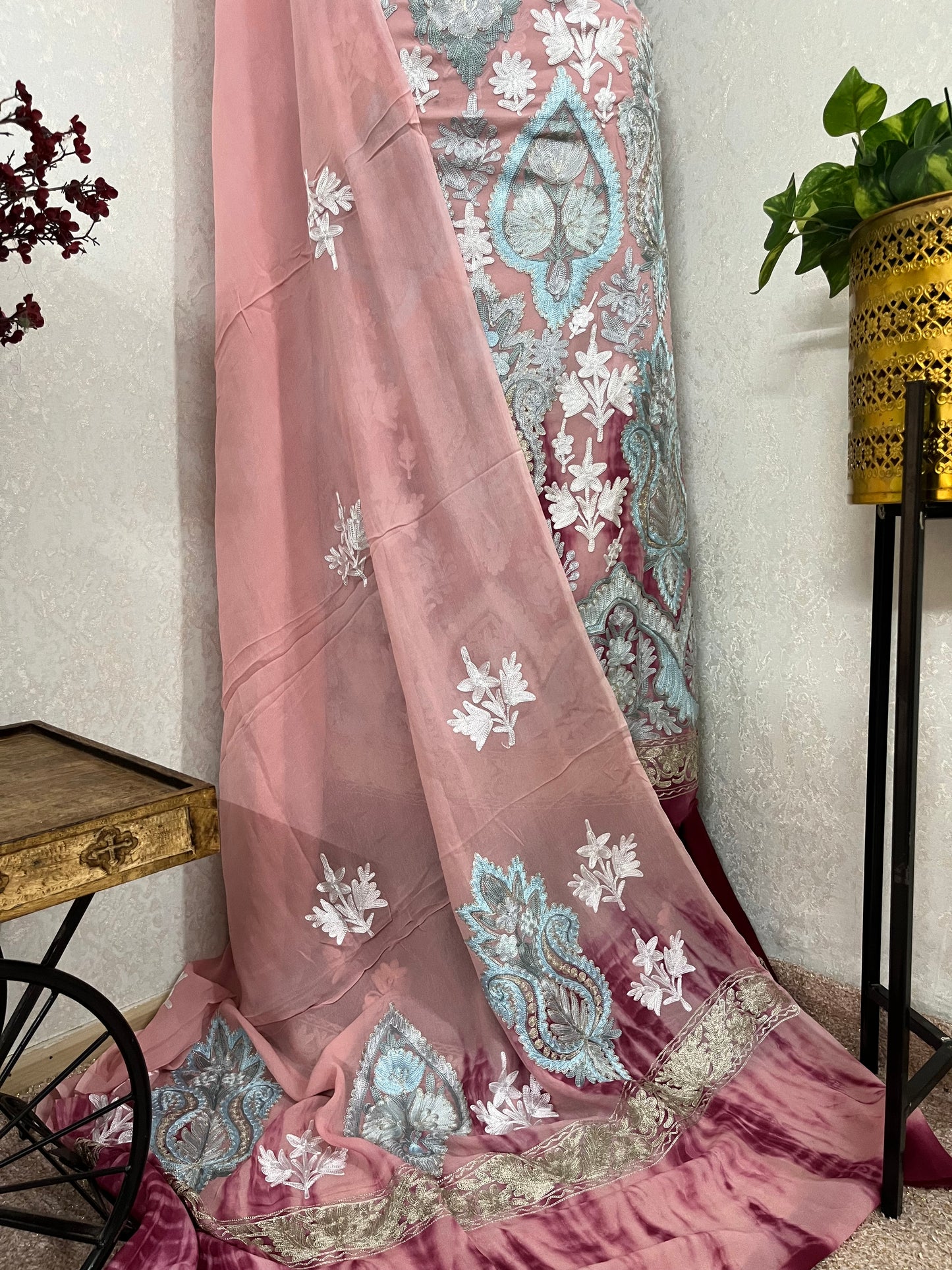Soft Pink Pure Georgette 3 Pc Aari Embroidered Suit