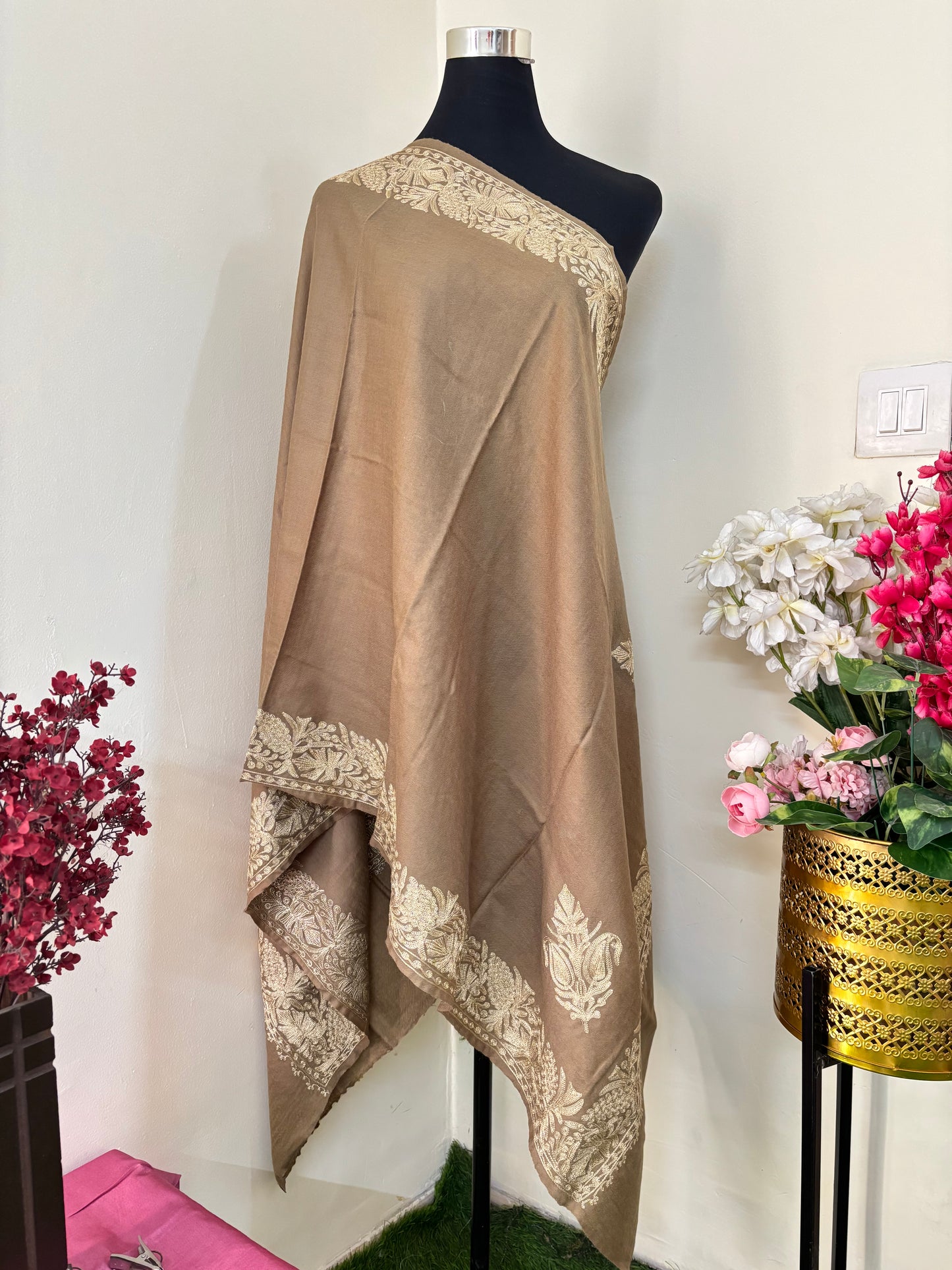 Beige Fine Semi Pashmina Tilla Embroidered stole