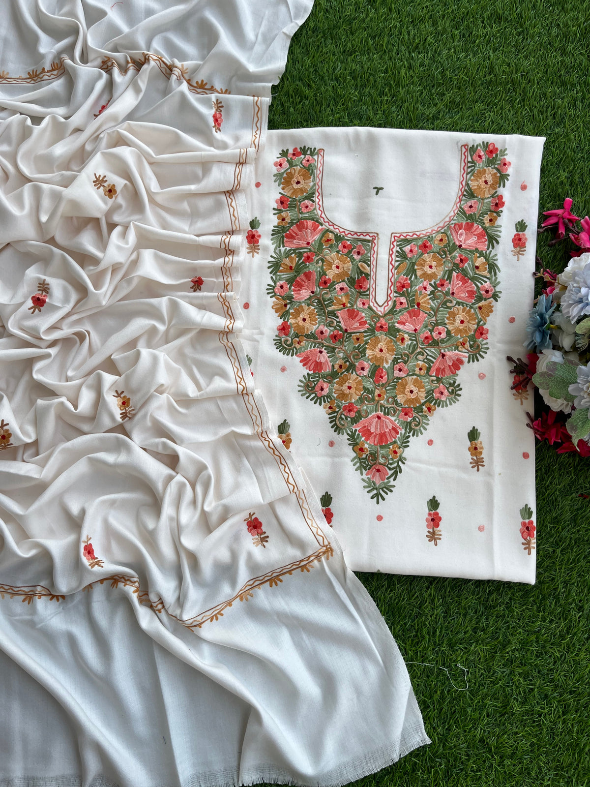 Off White Woollen Aari Embroidered 3pc suit